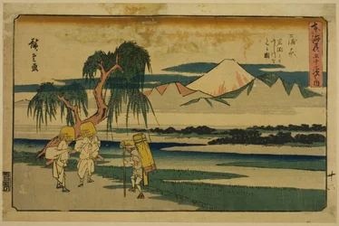 Kanbara : Vue de la Rivière Fuji depuis Iwafuchi, de la série "Cinquante-trois Stations du Tokaido," également connue sous le nom de Gyosho Tokaido
