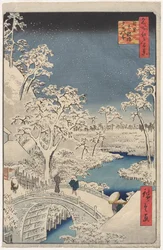 Image du crépuscule au pont du tambour à Meguro, de la série 100 Vues de lieux célèbres à Edo