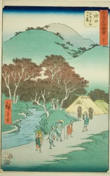 Minakuchi : Les célèbres pins au pied du mont Hiramatsu, no. 51 de la série "Vues célèbres des cinquante-trois stations"