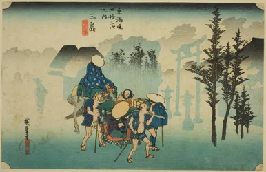 Mishima : Brume matinale (Mishima, asagiri), de la série "Les cinquante-trois stations de la route du Tokaido (Tokaido gojusan tsugi no uchi)", également connue sous le nom de Hoeido Tokaido