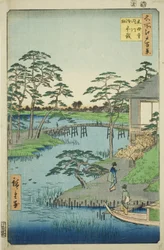 Temple Mokubo, Inlet Uchigawa, et Gozensaihata (Mokuboji Uchigawa Gozensaihata), de la série "Cent Vues célèbres d
