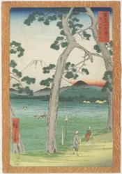 Le mont Fuji à gauche, vu depuis la route du Tokaido, avril 1858