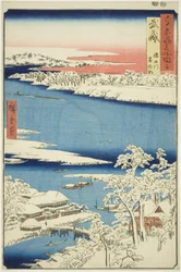 Province de Musashi : Matin après la neige sur la rivière Sumida, de la série "Lieux célèbres des soixante et quelques provinces"