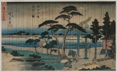 Image de pluie légère sur la berge de la rivière Sumida, de la série Une nouvelle sélection de lieux célèbres à Edo