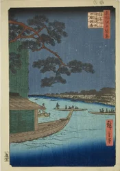 Pin du Succès et Oumayagashi, Rivière Asakusa (Asakusagawa Shubi no matsu Oumayagashi), de la série "Cent Vues Célèbres d