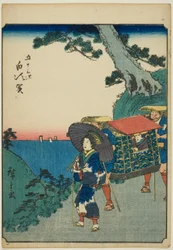 Shirasuka, de la série "Cinquante-trois stations [du Tokaido] (Gojusan tsugi)," également connue sous le nom de Tokaido des figures (Jinbutsu Tokaido)