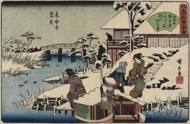 Scène de neige au temple Mokubo-ji et au restaurant Uekiya, vers 1835-1842