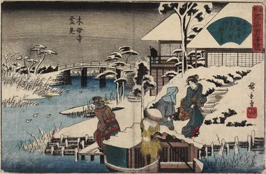 Scène de neige au temple Mokubo-ji et au restaurant Uekiya, c. 1835-1842