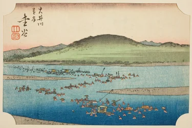 La rive lointaine de la rivière Oi à Kanaya (Oigawa engan, Kanaya), section de la feuille n° 6 de la série "Images découpées du Tokaido (Tokaido harimaze zue)"