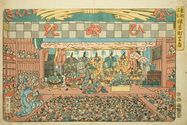 Théâtre à Saruwakamachi (Saruwakamachi shibai), de la série "Lieux célèbres de la capitale orientale (Toto meisho)"
