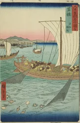 Province de Wakasa : Bateau de Pêche Capturant des Plies (Wakasa, gyosen karei ami), de la série "Lieux Célèbres des Soixante et Quelques Provinces (Rokujuyoshu meisho zue)"