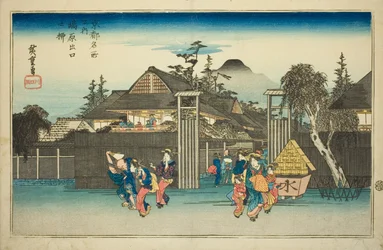 Saule à la porte du quartier des plaisirs de Shimabara (Shimabara deguchi no yanagi), de la série "Lieux célèbres de Kyoto (Kyoto meisho no uchi)"