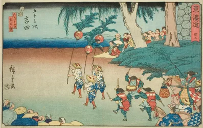 Yoshida—No. 35, de la série "Les cinquante-trois stations du Tokaido (Tokaido gojusan tsugi)", également connue sous le nom de Reisho Tokaido
