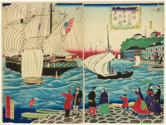 Vue réelle des bâtiments étrangers le long du front de mer vus des quais de Yokohama (Yokohama hatoba yori kaigandori ijinkan no shinzu)