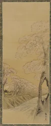Paysage : cerisiers en fleurs le long des rives d