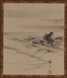 Paysage : rivière, ville et brume, période Edo