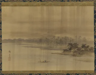 Paysage fluvial et temple sous la pluie, période Edo