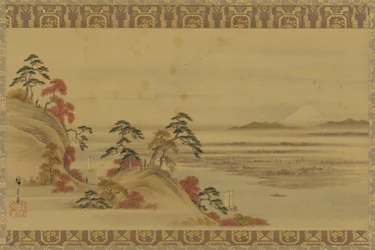 Paysage fluvial : feuillage rouge et Mont Fuji, période Edo, milieu du 19ème siècle