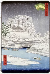 Un village sous la neige, Japon - estampe japonaise de Hiroshige - XIXe siècle
