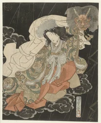 Femme avec masque de démon parmi les nuages
