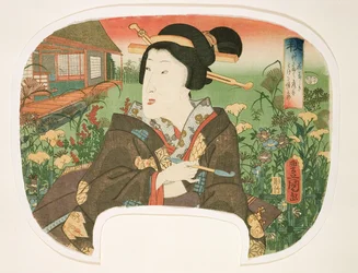 Automne, Hanayashiki : Une geisha avec une pipe, design pour un éventail d