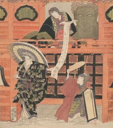 Ichikawa Danjuro VII en tant que Konoshita Tokichi, Nakamura Daikichi en tant que sa femme, et Iwai Han, vers 1819