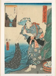Femme lavant du tissu dans un ruisseau