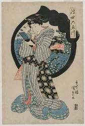 Femme avec un miroir à main de la série Les Six Rivières Tama du Monde Flottant, début des années 1830