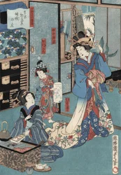 Estampe ukiyo-e de geisha avec hibachi par Kunisada II, vers 1860