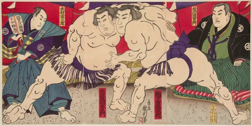Combat des lutteurs de sumo Umegatani Rodachi et Kimura Shonosuke