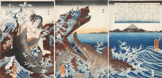 Asaina Saburo Yoshihide luttant contre deux crocodiles à la plage de Kotsubo, 1849