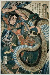 Chūsenko Teitokuson attaqué par un serpent sur un chemin de montagne