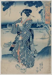 Geisha debout sur la rive de la rivière Sumida..., début des années 1830