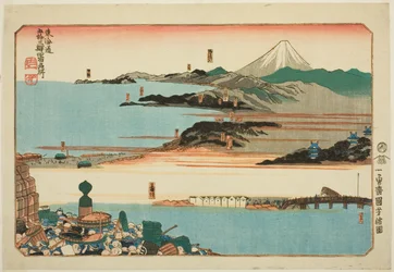Nihonbashi, Shinagawa, Kawasaki et Kanagawa, de la série "Lieux célèbres des cinquante-trois stations du Tokaido, Quatre stations (Tokaido gojusan eki yonshuku meisho)"