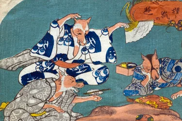 Jeu de chien viverrin et de renard (Tanuki to kitsune no asobi), c.1842