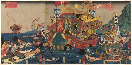 La défaite totale du clan Taira dans la grande guerre de Genpei à la baie d