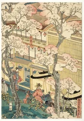 Vue véritable des maisons de plaisance de Miyosaki au nouveau port, Yokohama, Kanagawa, 1860