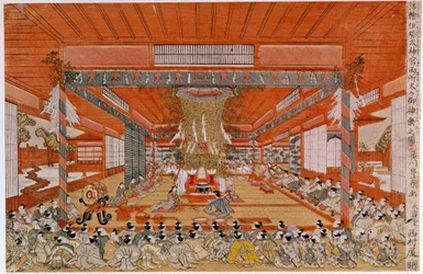 Cérémonie shintoïste représentant une cérémonie de culte shintoïste, la plus ancienne religion du Japon. Estampe japonaise par Utagawa Toyoharu (1735-1814). Paris, Musée Guimet, Musée des Arts Asiatiques.