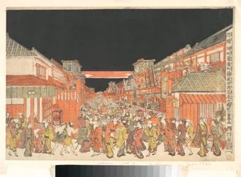 Estampe en perspective (Uki-e) des théâtres de Sakaichō et Fukiyachō le soir de l
