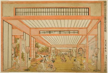 Vues des salles de réception au Japon - Divertissements le jour du rat dans le style moderne (Uki-e wakoku keiseki ozashiki imayo ne no hi no asobi no zu)