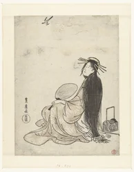 Courtisane avec éventail et accessoires de fumeur regardant un coucou