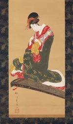 Femme mettant des plectres pour jouer du koto, début du 19ème siècle