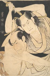 Les acteurs Sawamura Sojuro III brandissant une épée, et Arashi Shichigoro III en combat, vers 1798