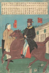 Un Américain à cheval et un Chinois avec un parapluie fermé