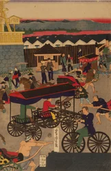 Section florissante de Nihonbashi à Tokyo. Triptyque de Tokyo Nihonbashi han ei no zu