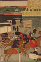 Section florissante de Nihonbashi à Tokyo. Tokyo Nihonbashi han ei no zu Triptyque