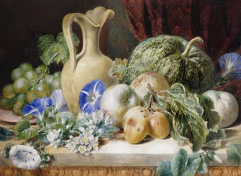 Nature morte avec une cruche, des pommes, des prunes, des raisins et des fleurs