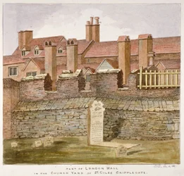 Vestiges du mur de Londres dans le cimetière de St Giles sans Cripplegate, City de Londres, 1825