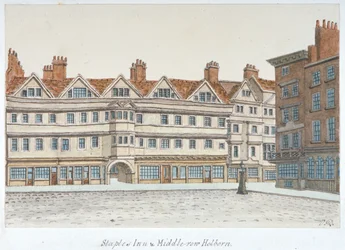 Vue de Staple Inn et des bâtiments de Middle Row au centre de Holborn, Londres, 1850