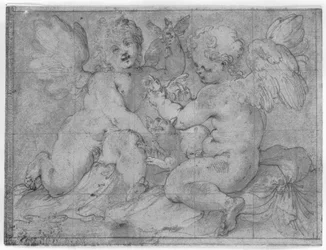 Deux putti jouant avec un chat et deux oiseaux